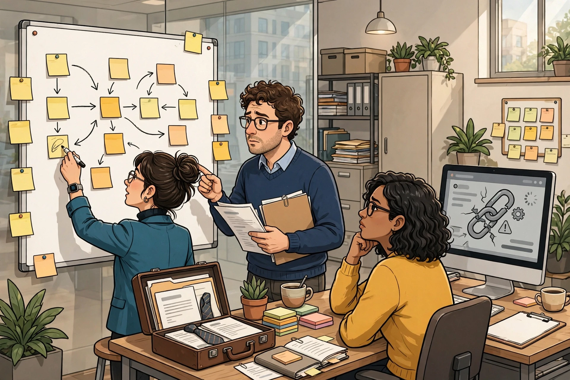 Recruiters mapping handoff steps on whiteboard