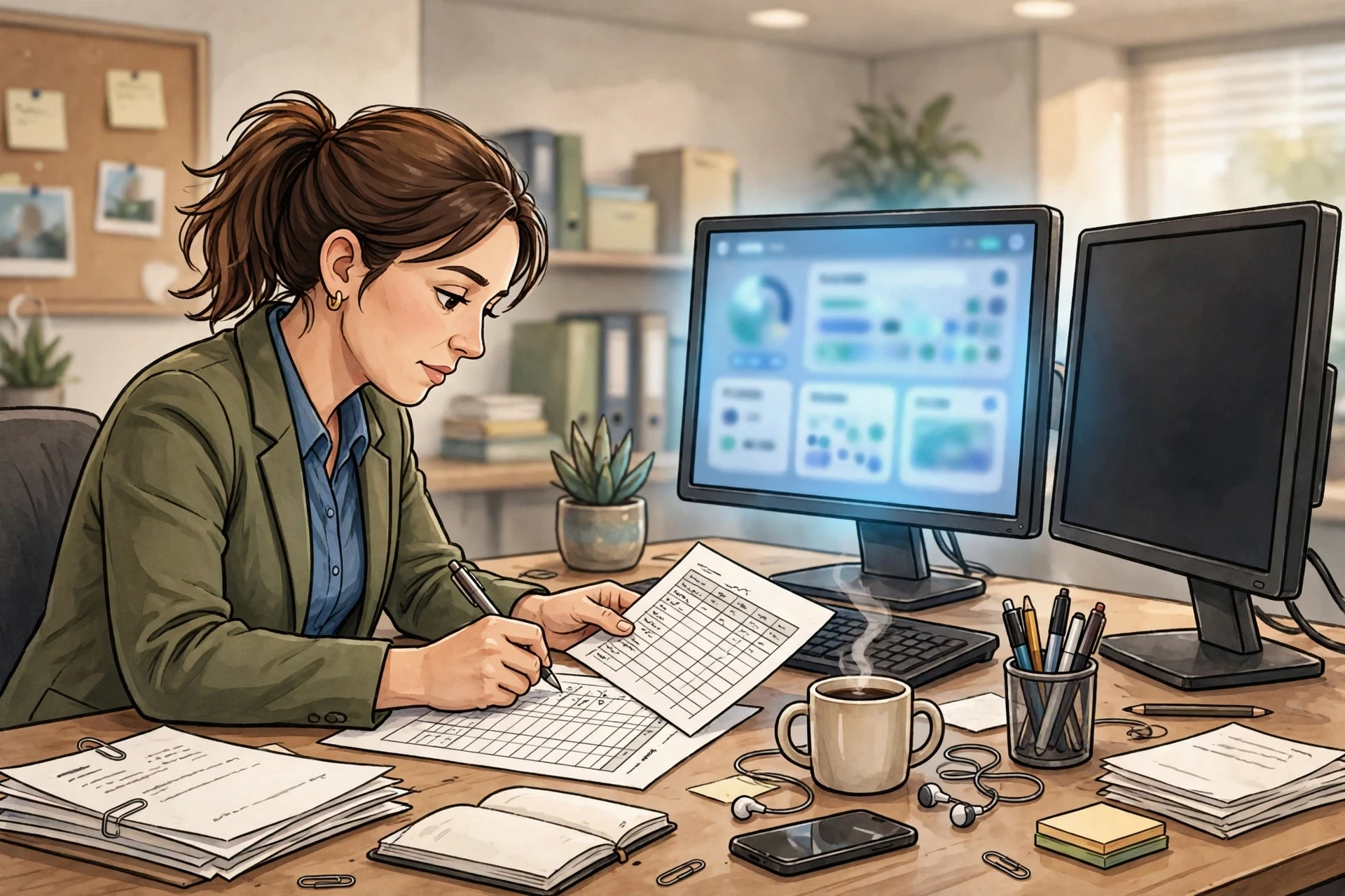 Recruiter juggling spreadsheets beside glowing CRM monitor