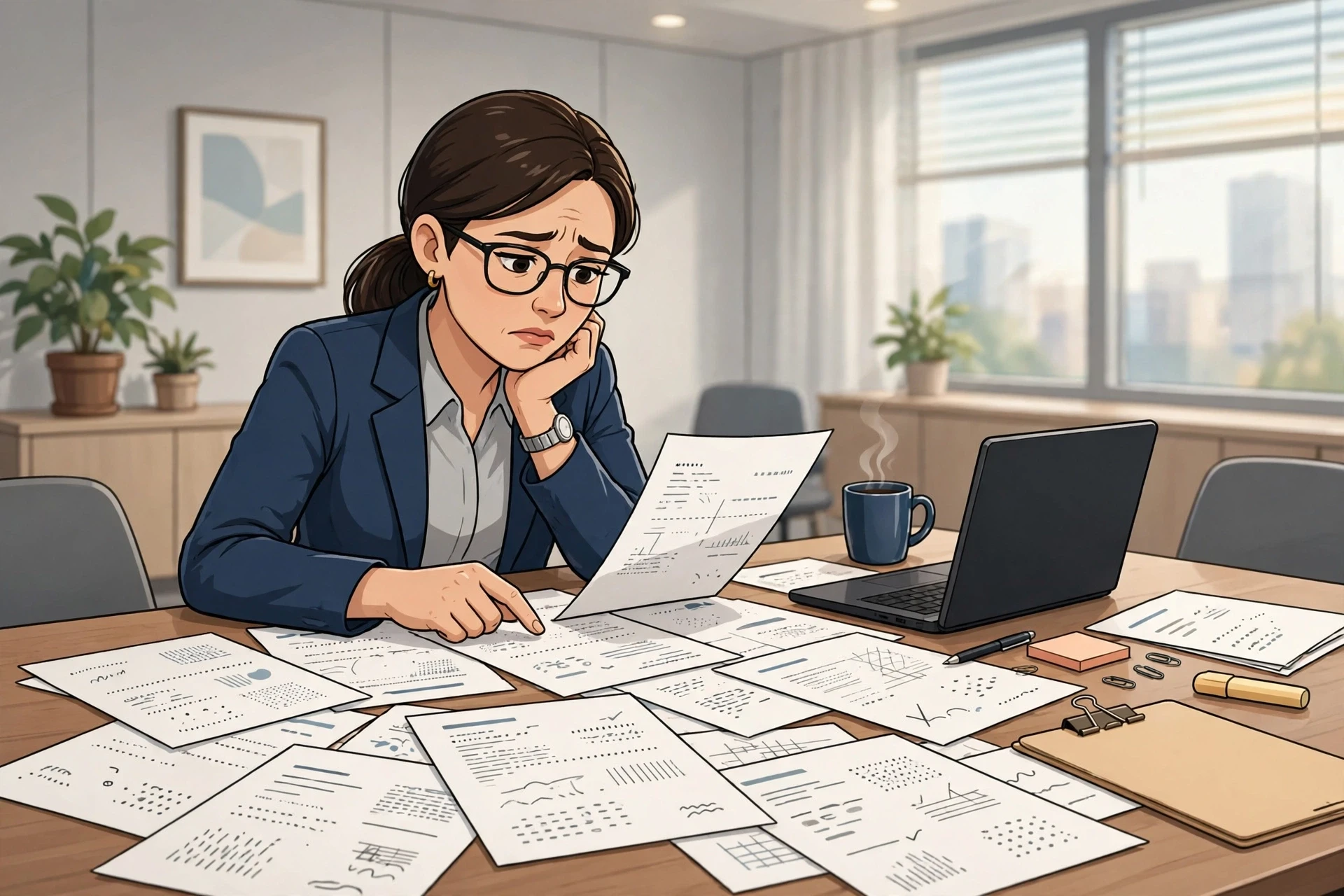 Operations director reviewing printed recruitment reports