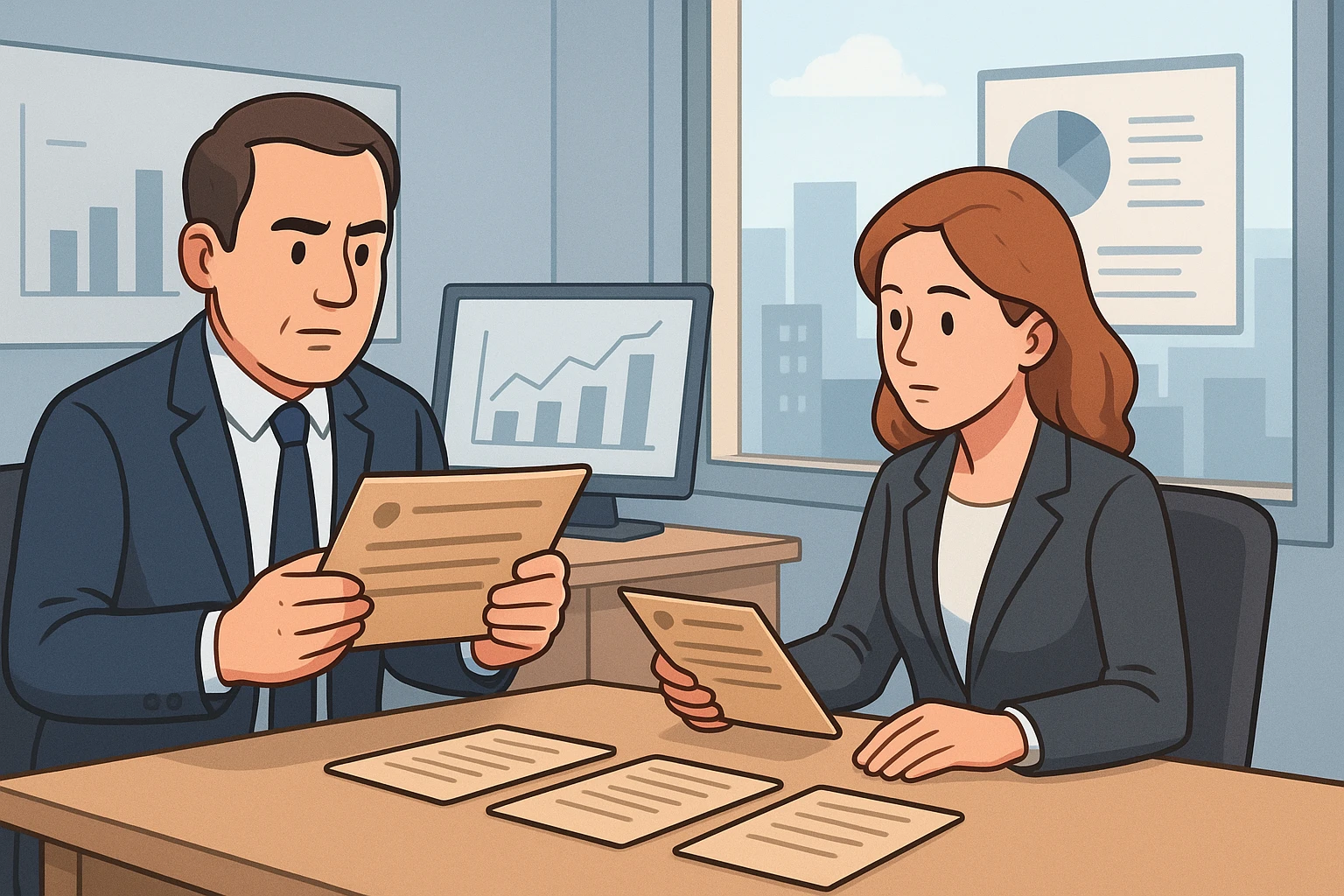 Recruitment director reviewing aged vacancy cards with consultant