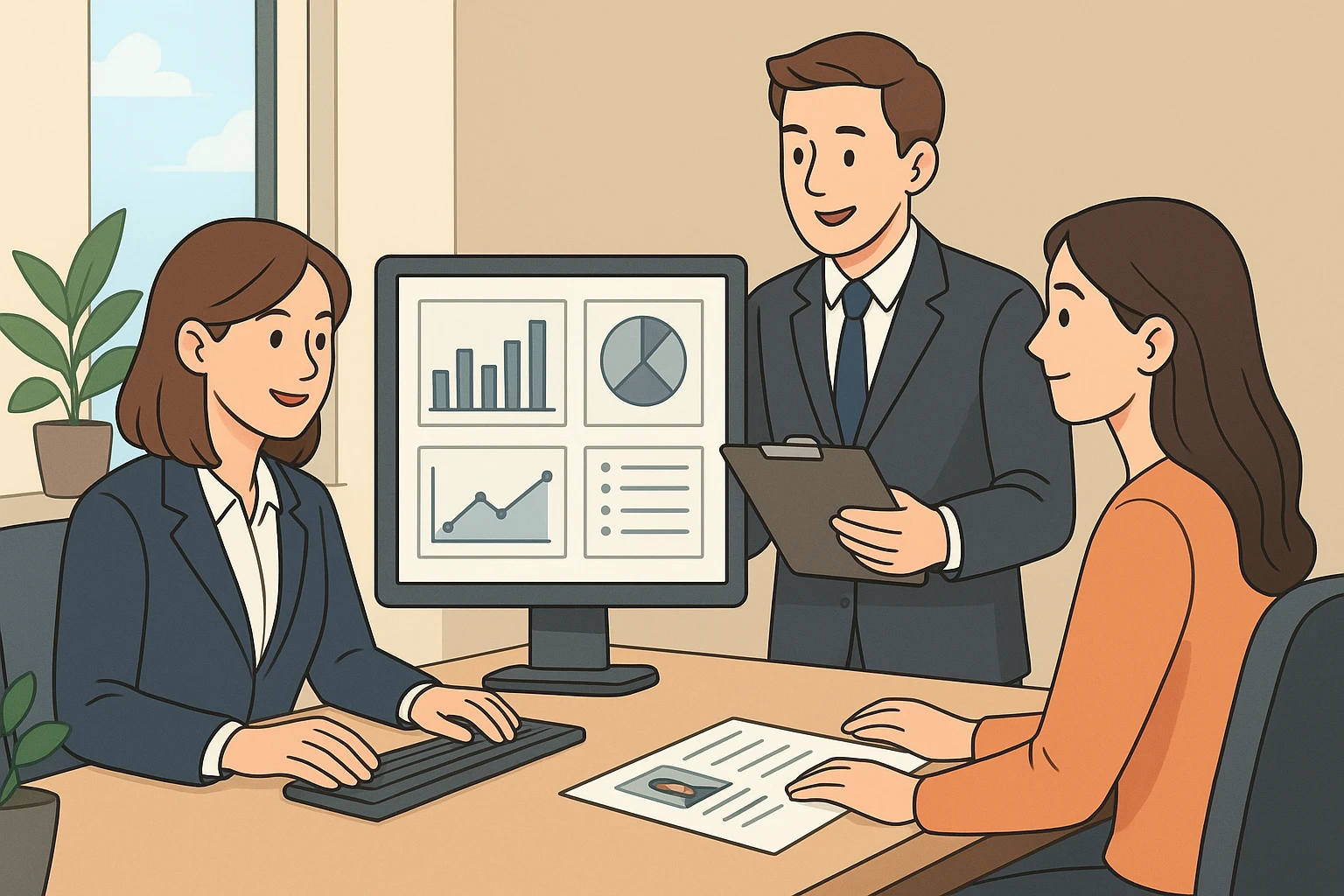 Recruitment team reviewing clean candidate records in bright office