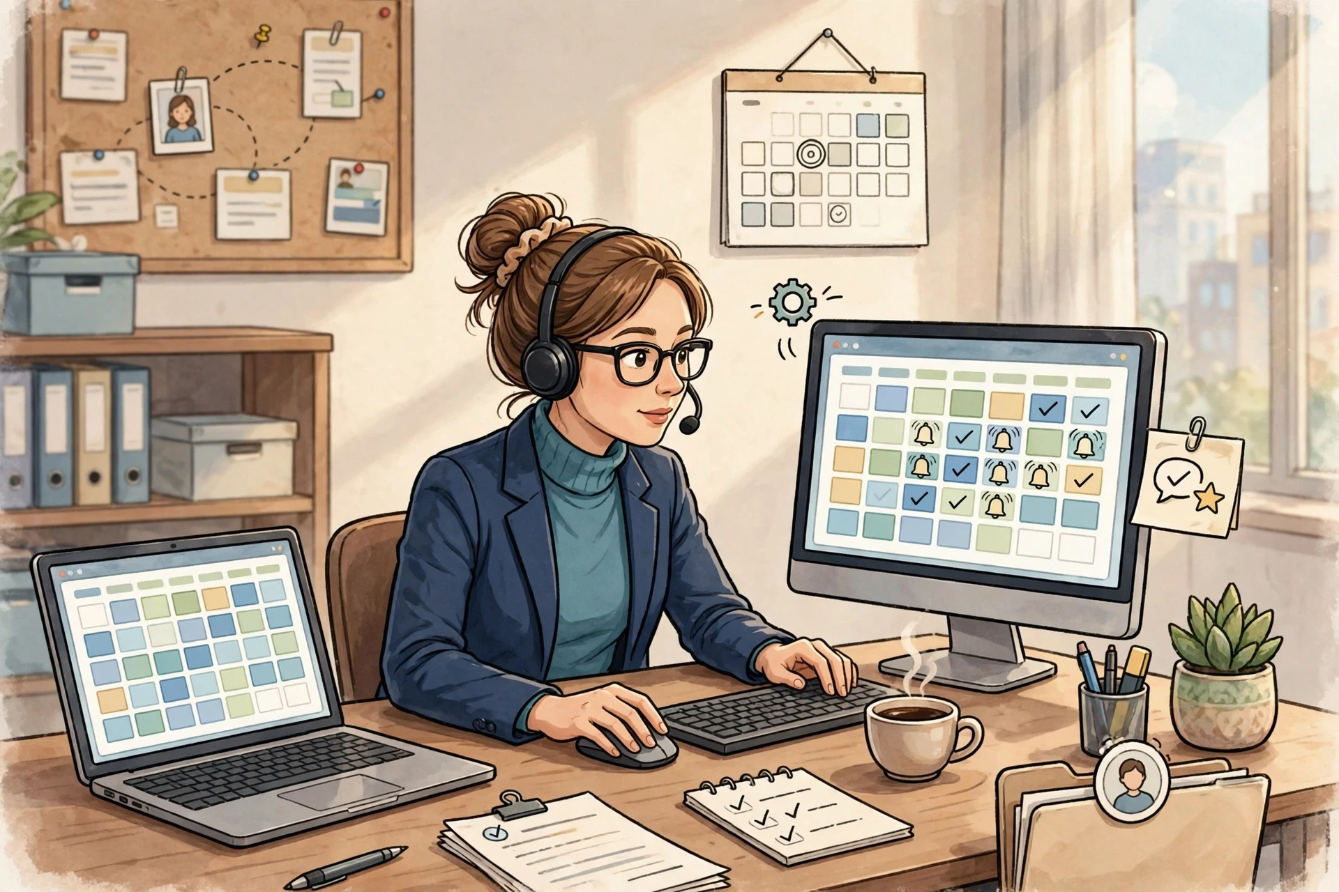 Recruiter coordinating interview times across synced calendars