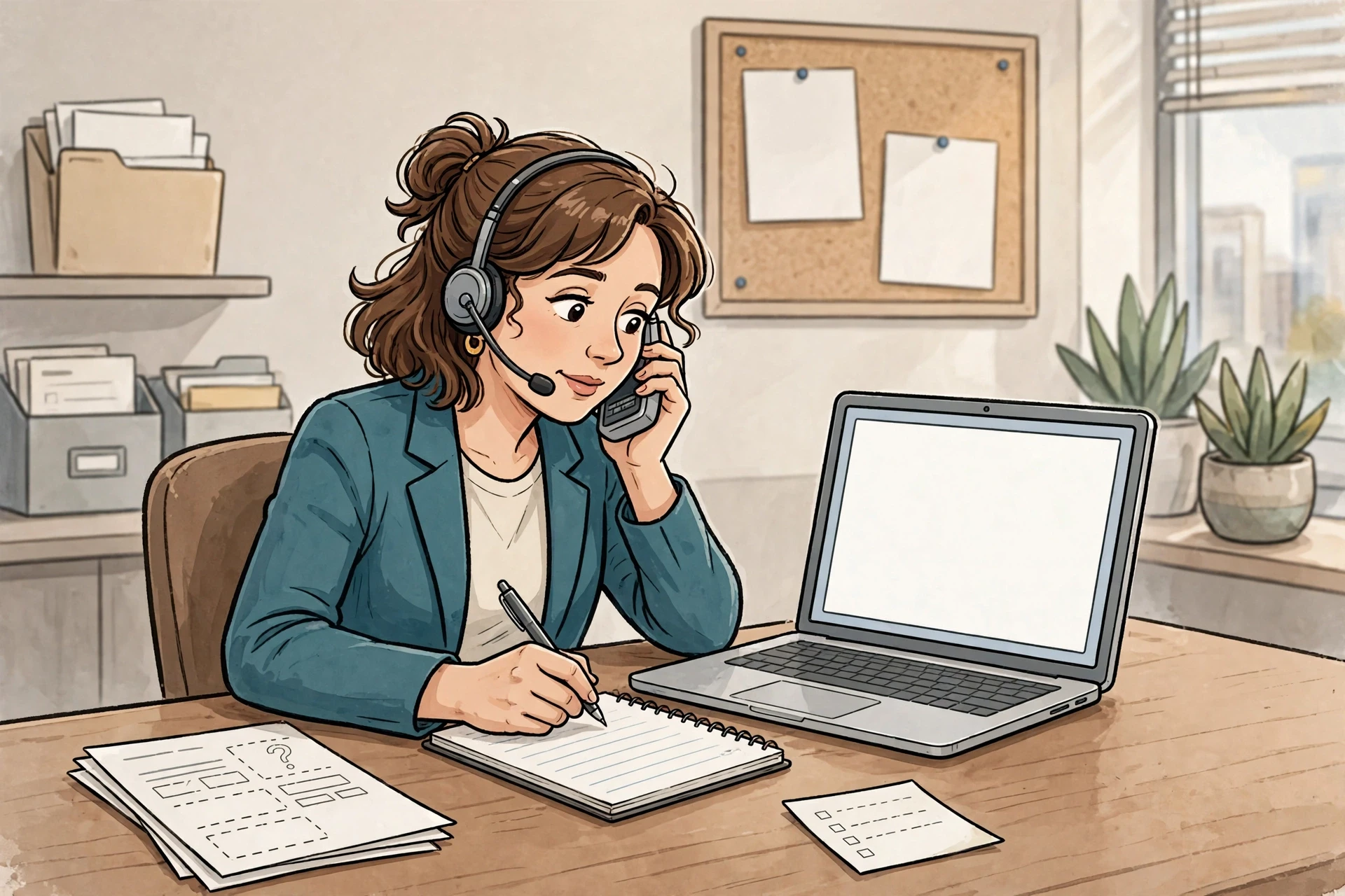 Recruitment consultant on call while reviewing a blank role brief