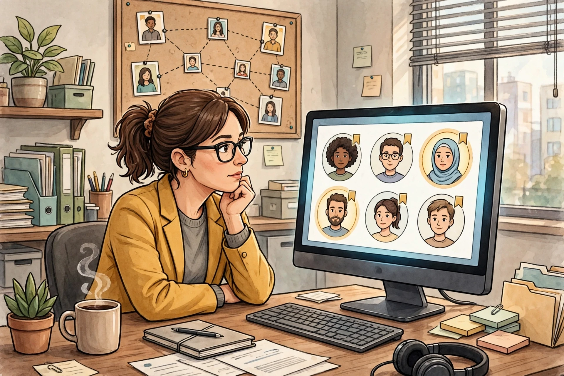 Recruitment lead reviewing flagged candidate profiles on monitor