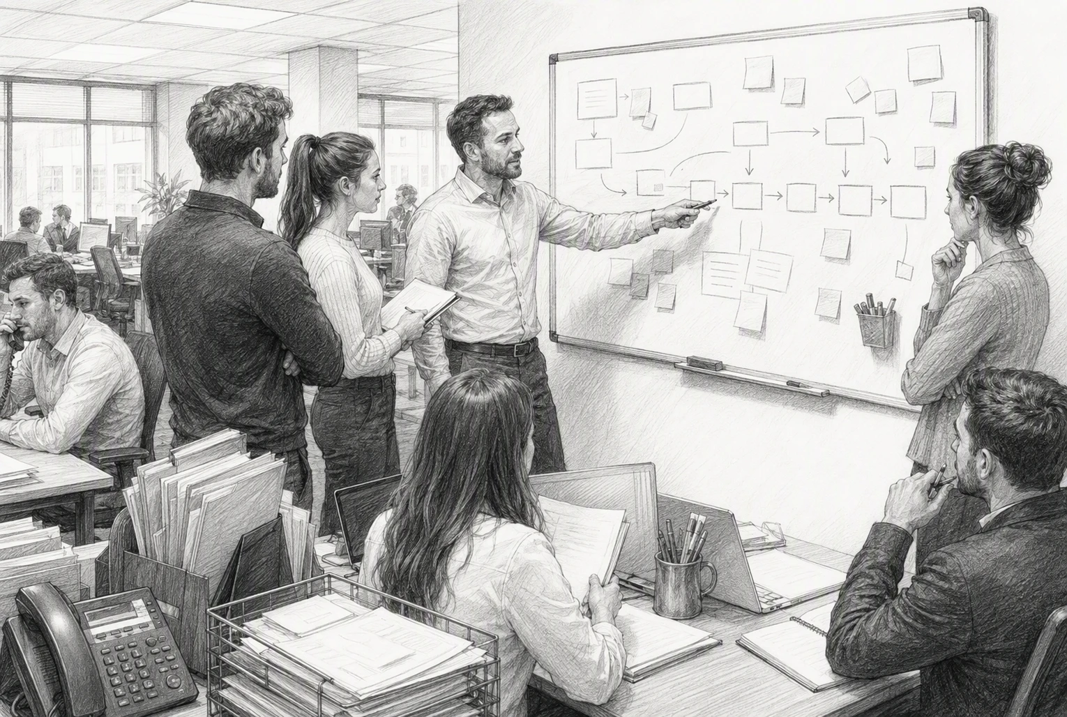 Recruitment manager reviewing workflow with consultants