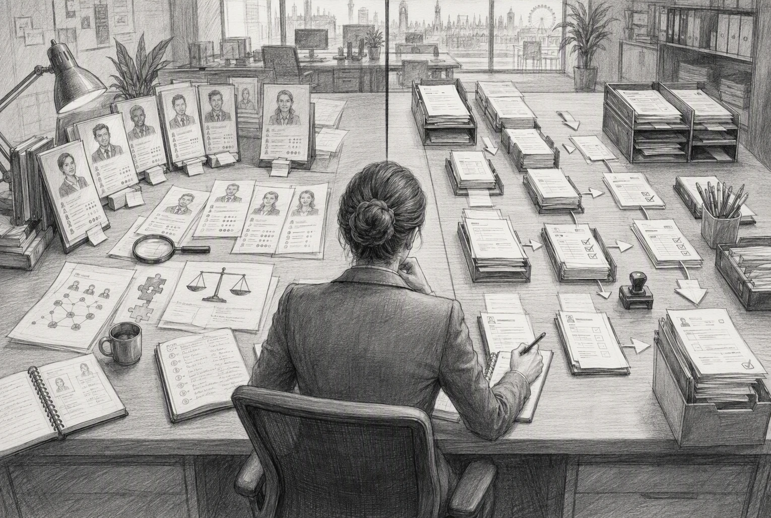 Pencil sketch of recruitment desk workflow with AI and automation tasks