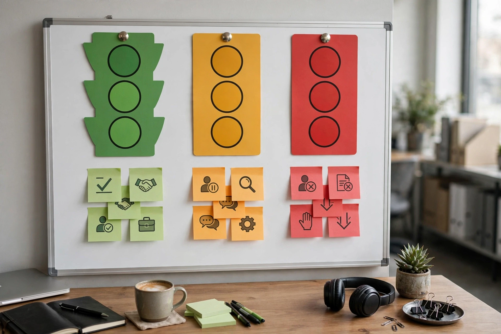 Three traffic-light cards on a whiteboard beside recruitment tasks
