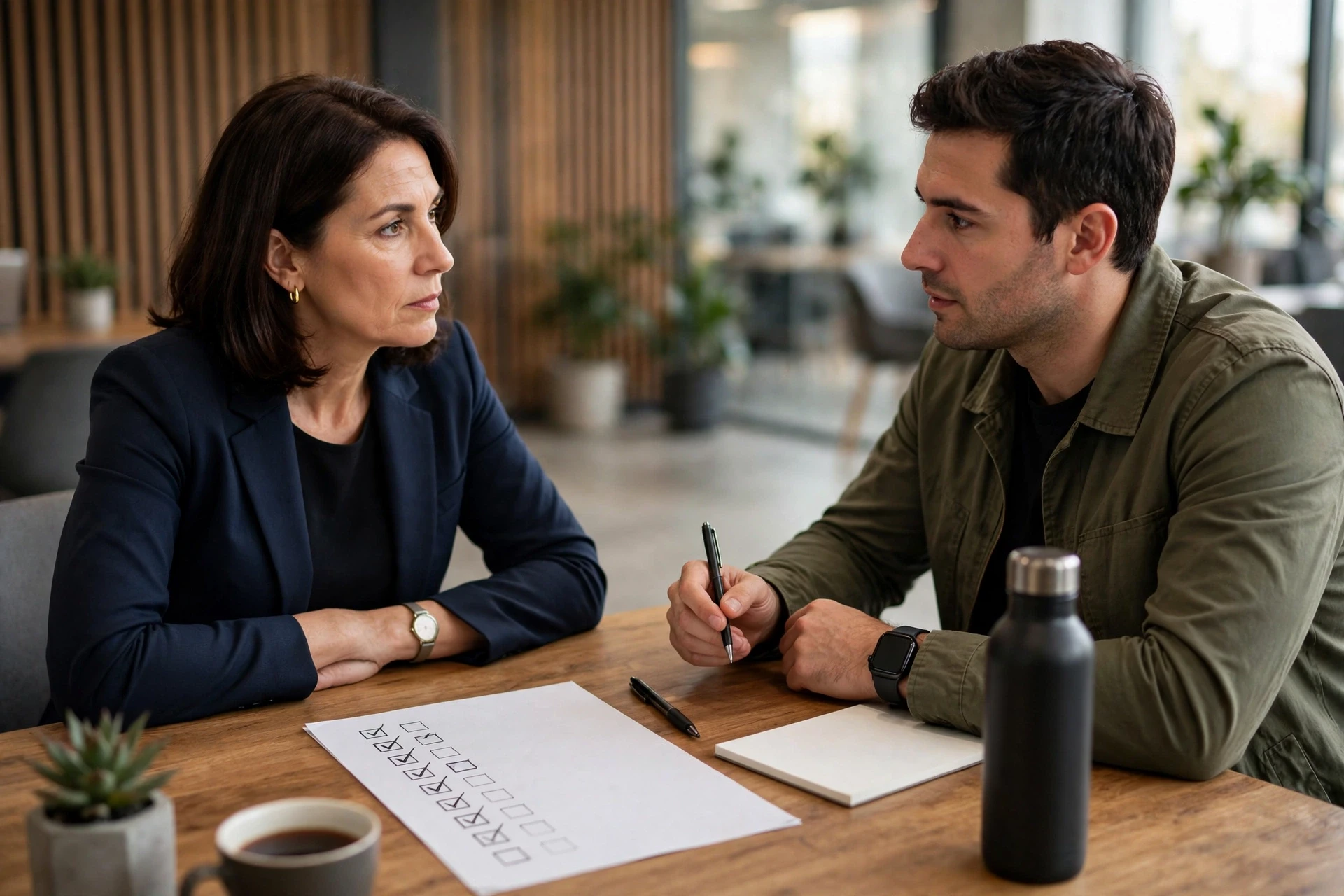Recruitment director reviewing compliance checklist with vendor