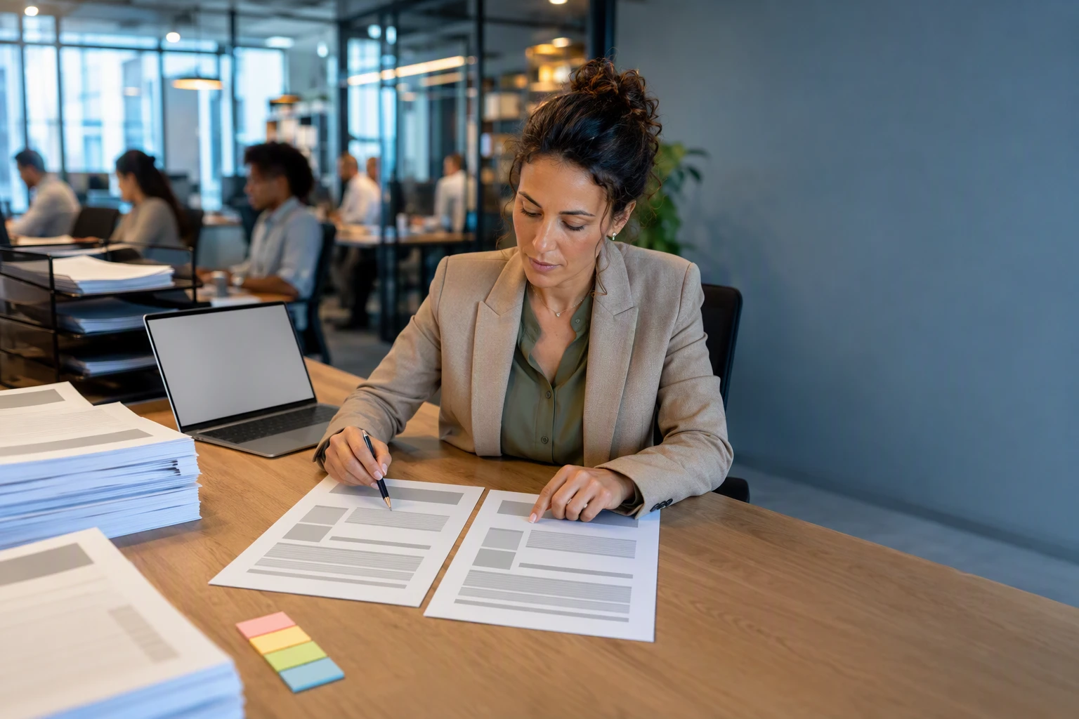 Recruitment manager reviews anonymized CVs with analytical focus
