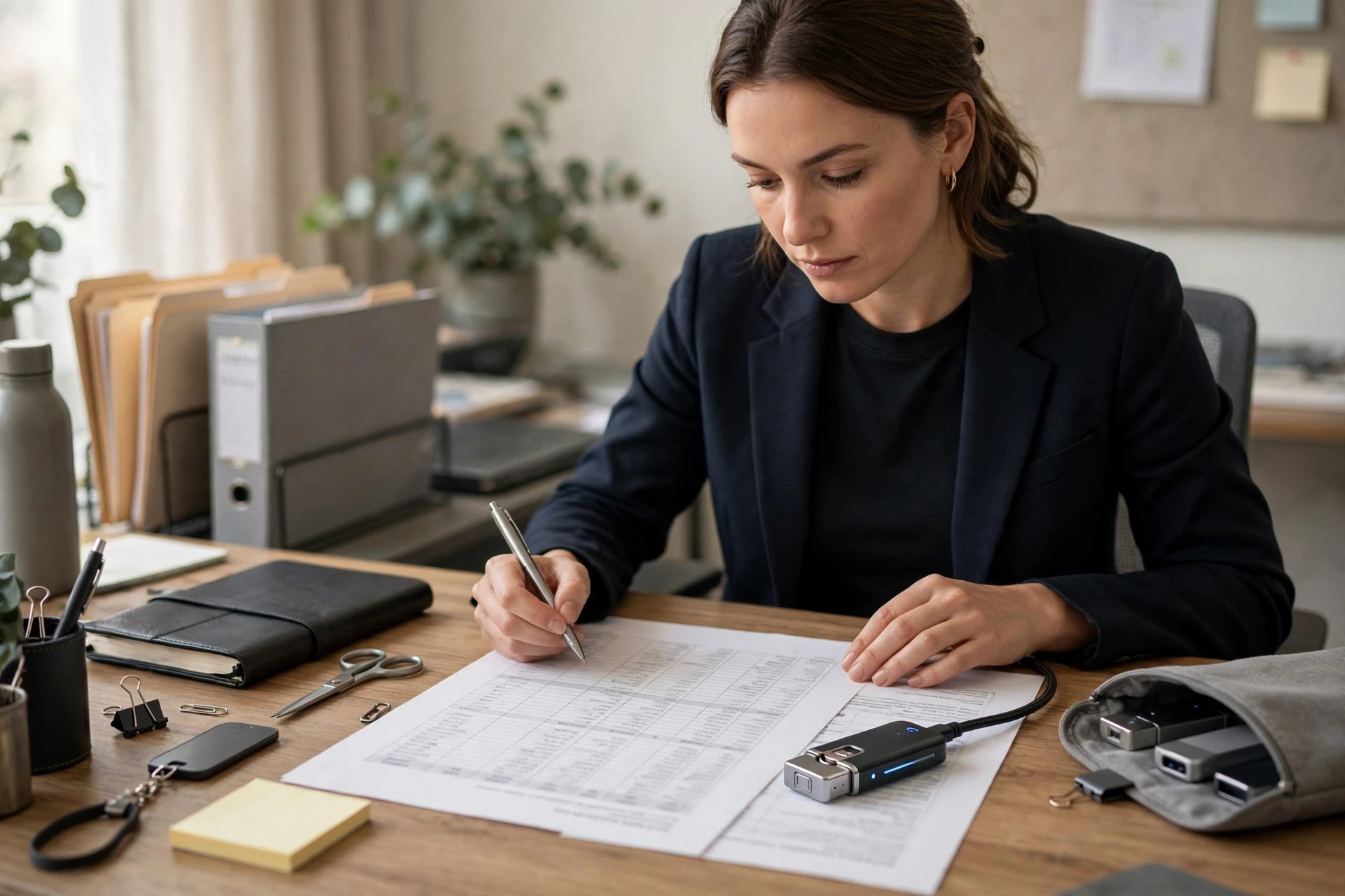 Recruitment consultant reviewing printed contacts beside encrypted USB drive