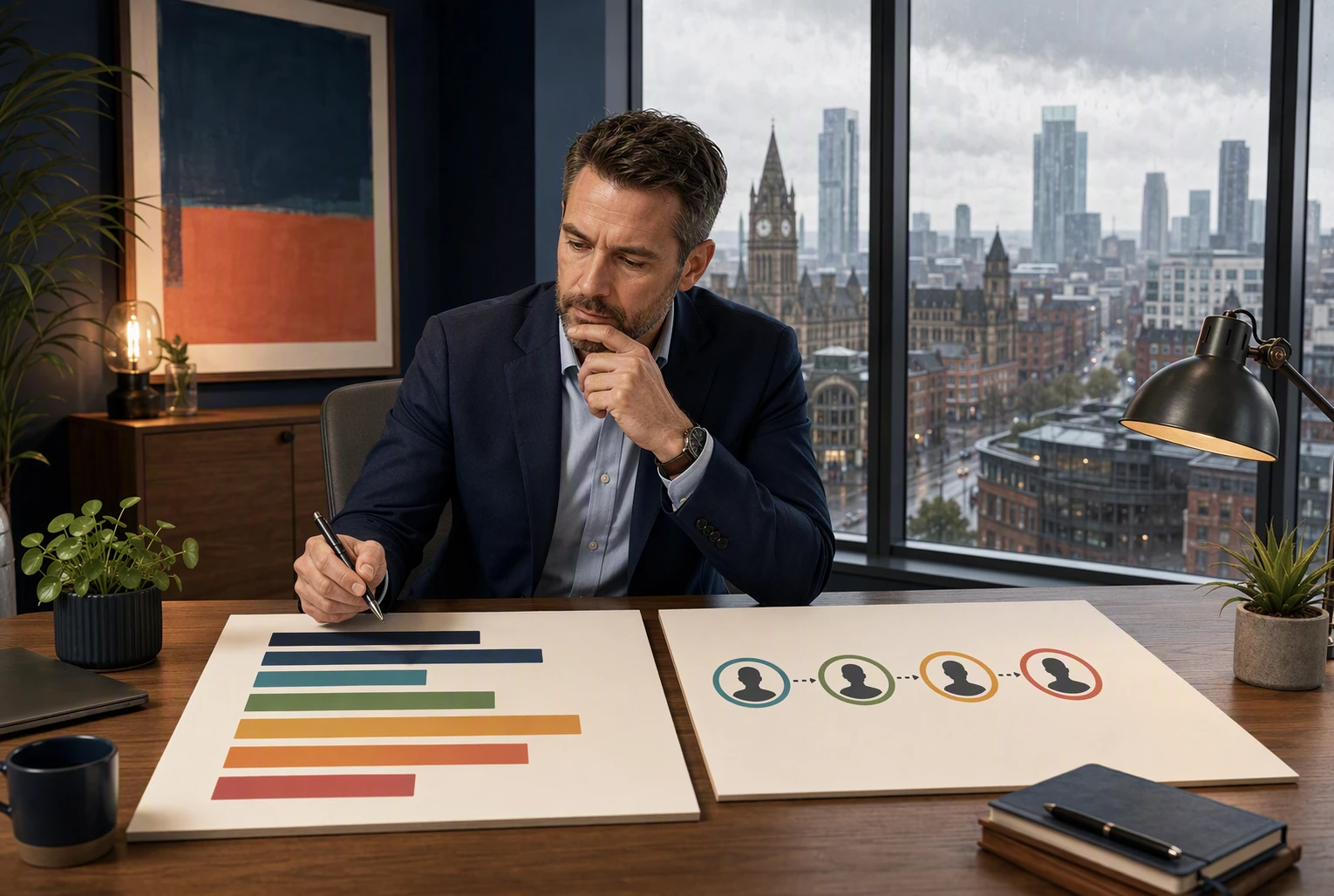 Recruitment director analyzing regional salary data at desk