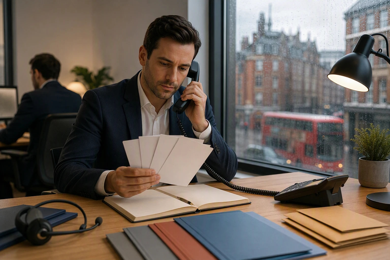 Recruitment consultant reviewing candidate pipeline notes by office window