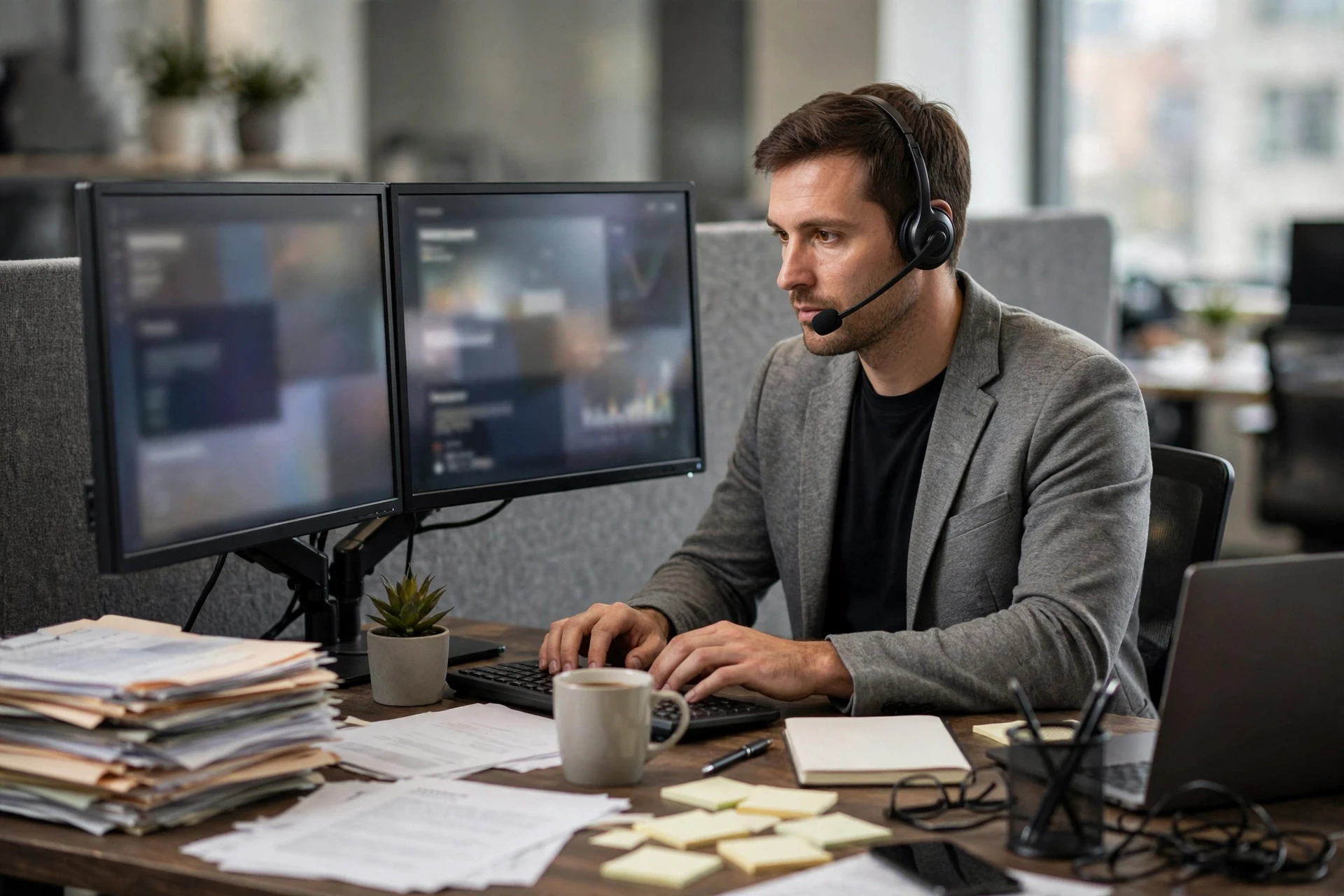 Recruitment consultant logging calls on dual monitors
