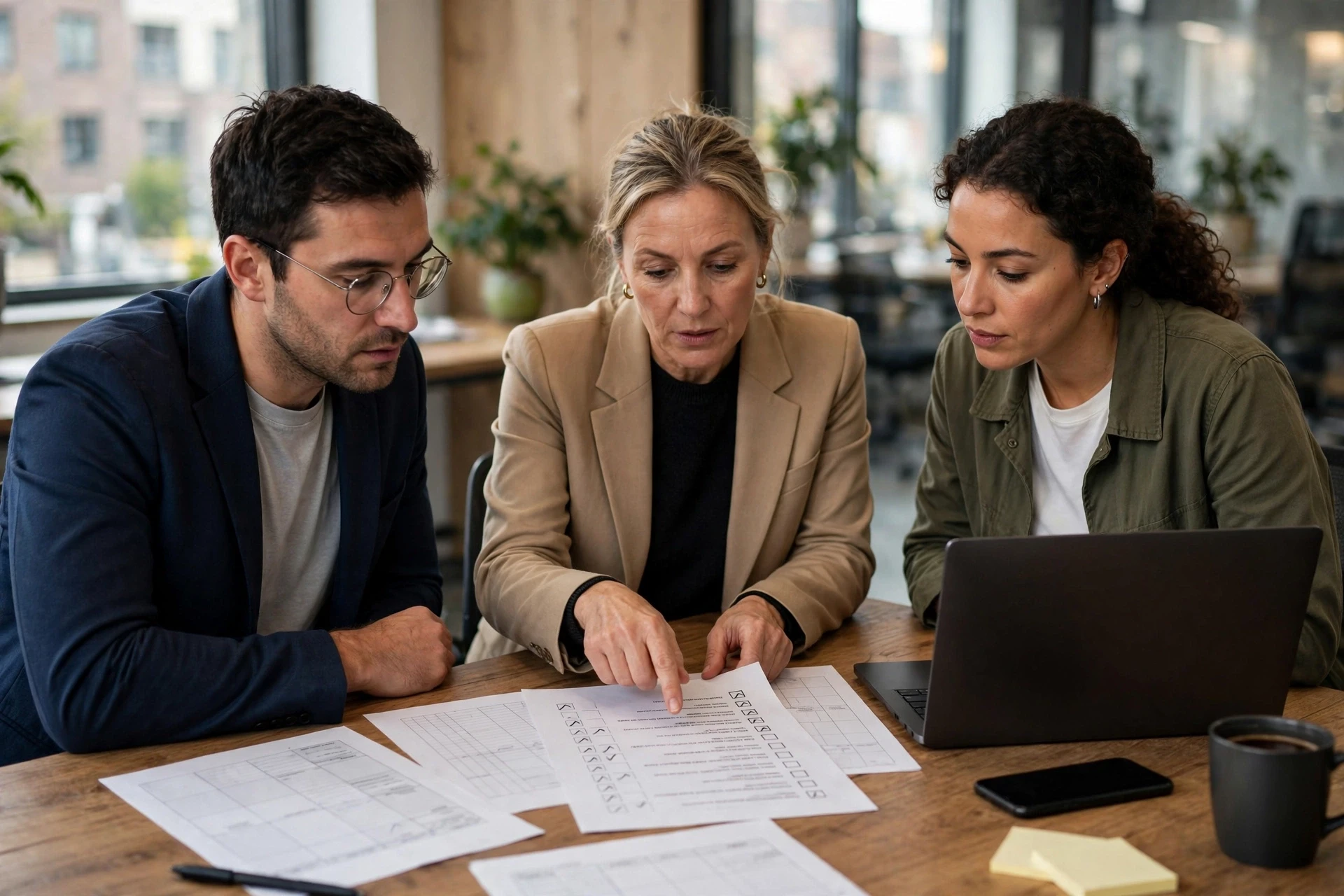 Recruitment team reviewing printed candidate pipeline checklist