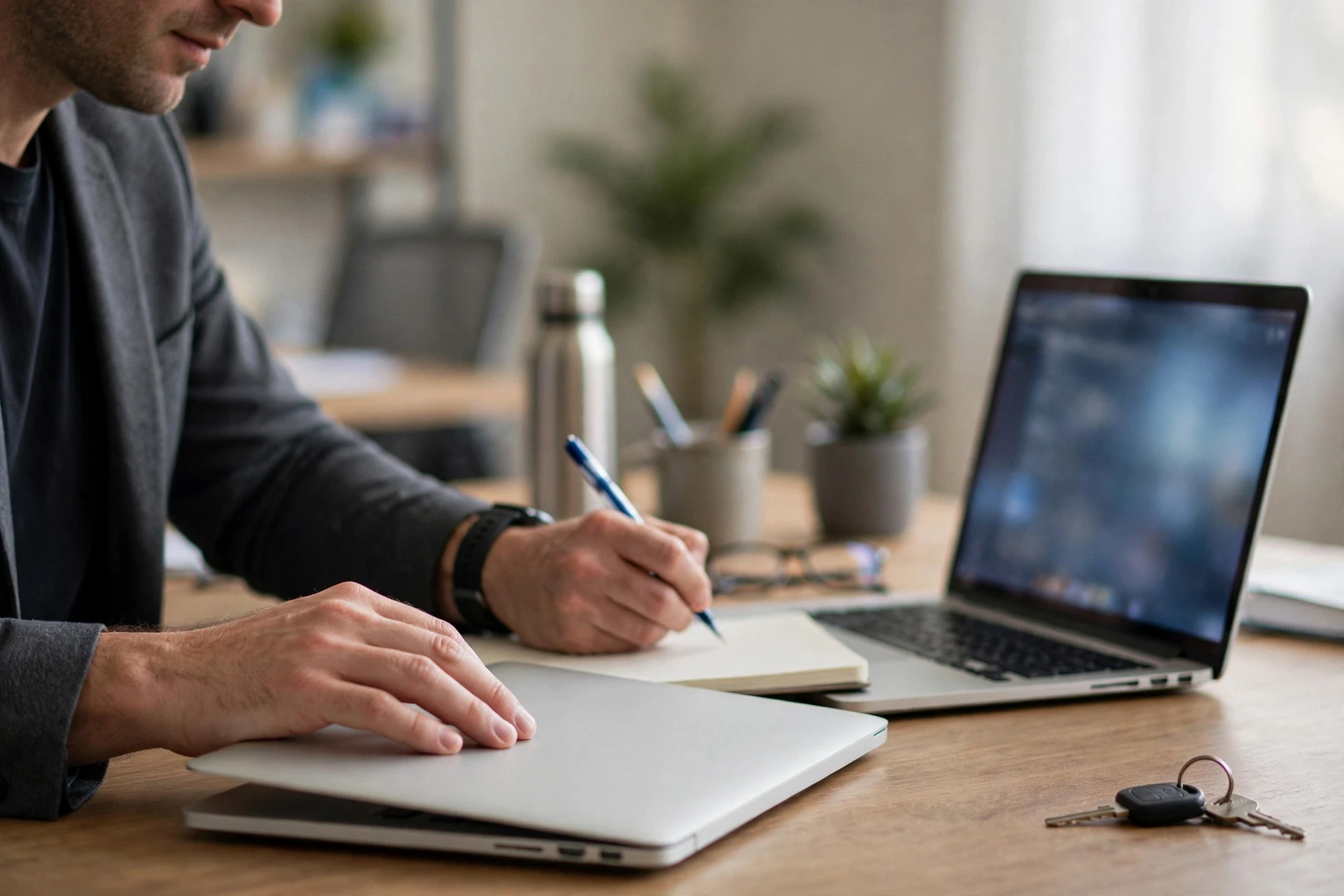 Consultant closing laptop, writing in paper notebook
