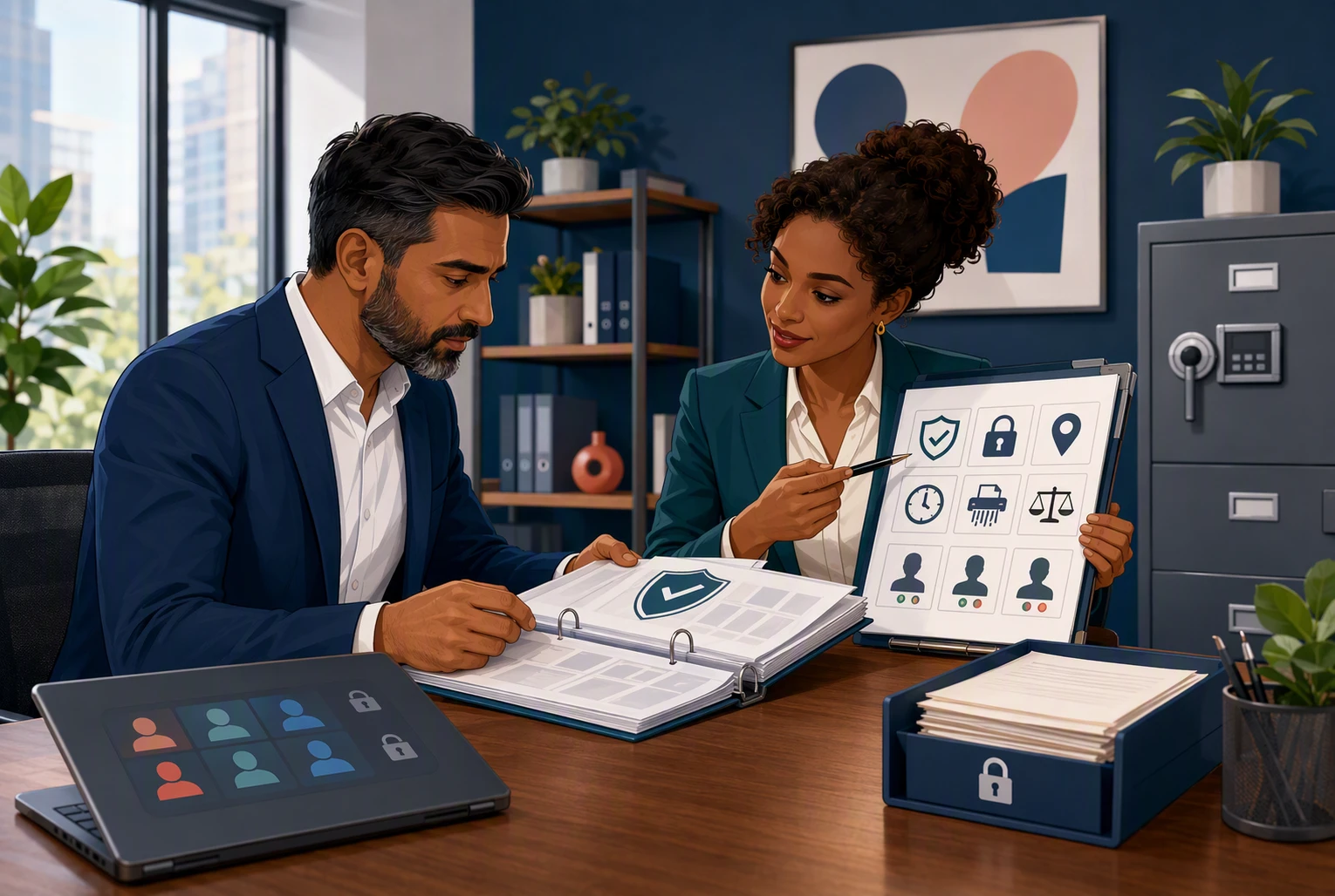 Agency owner reviews compliance evidence with adviser
