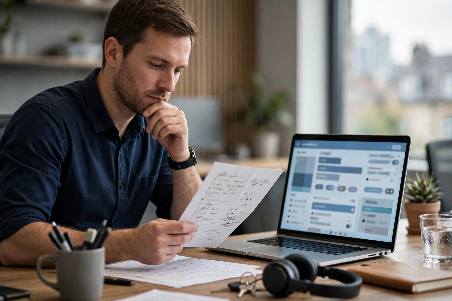 Agency owner comparing CRM quote sheets on laptop