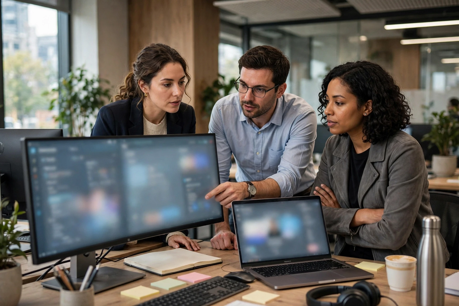Recruiters testing software on shared office screens