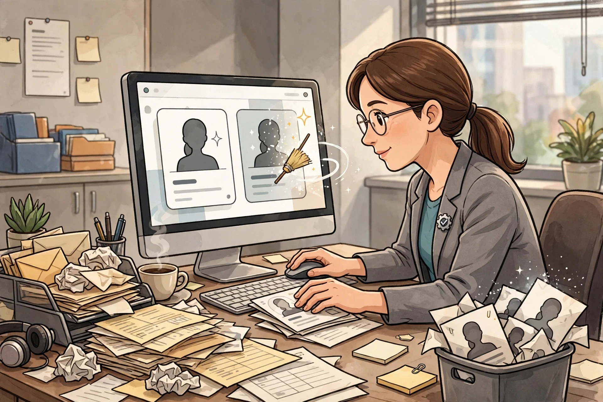 Recruitment consultant cleaning duplicate candidate records on CRM screen
