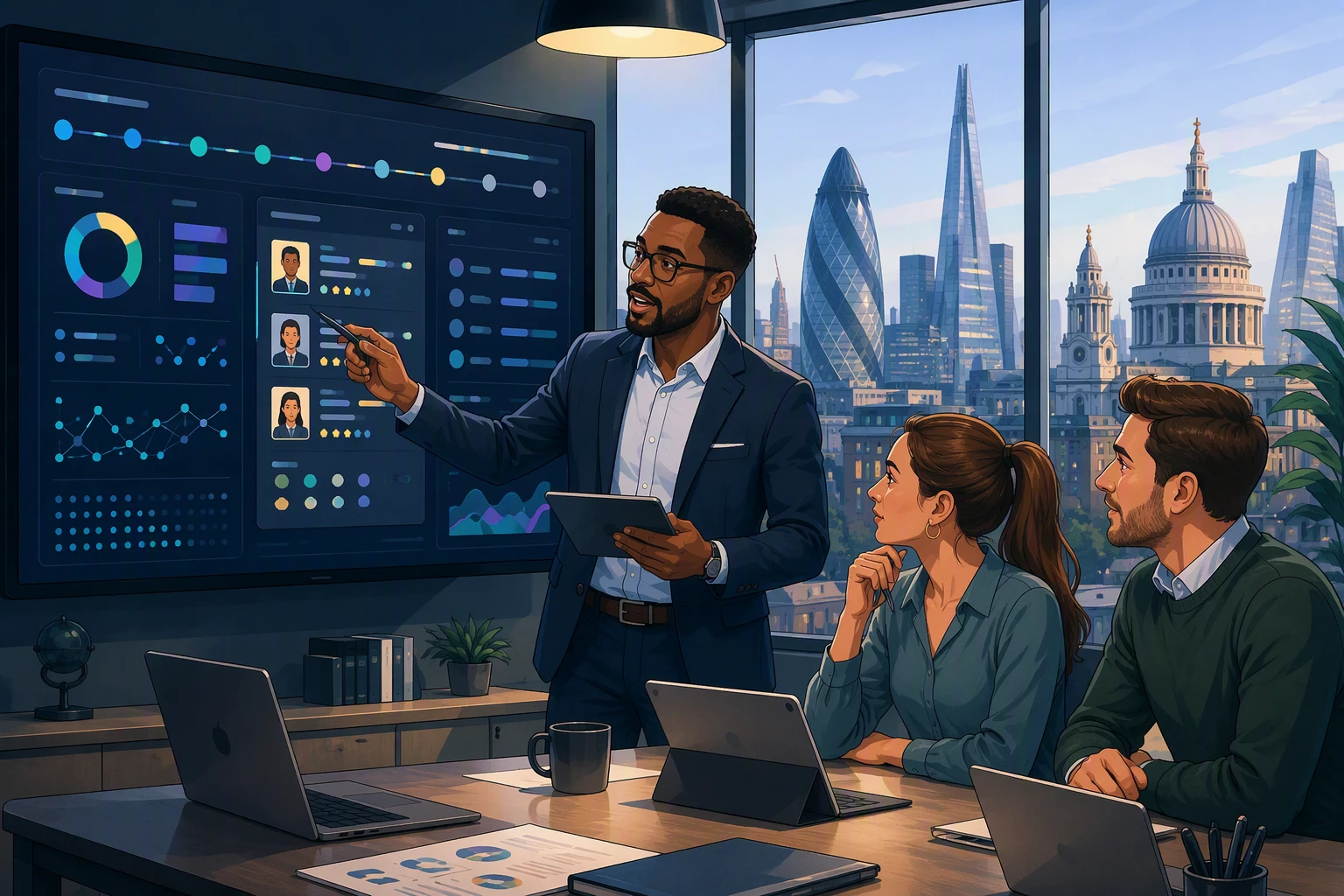 London recruitment leader reviewing candidate pipeline dashboard