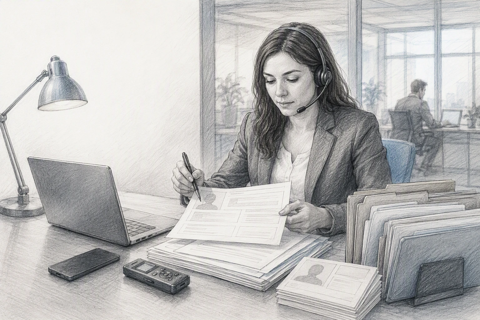 Recruitment consultant reviewing AI-enhanced CRM notes and call recordings