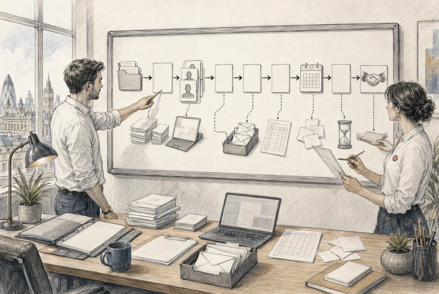 Recruitment workflow gaps visualized as a pencil sketch flowchart