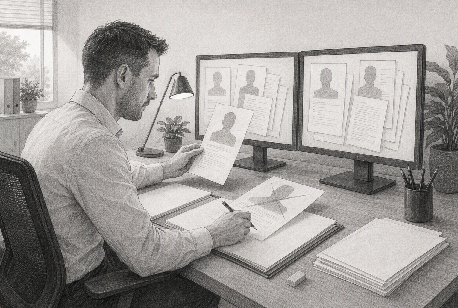 Recruitment consultant cross-checking candidate records on dual screens