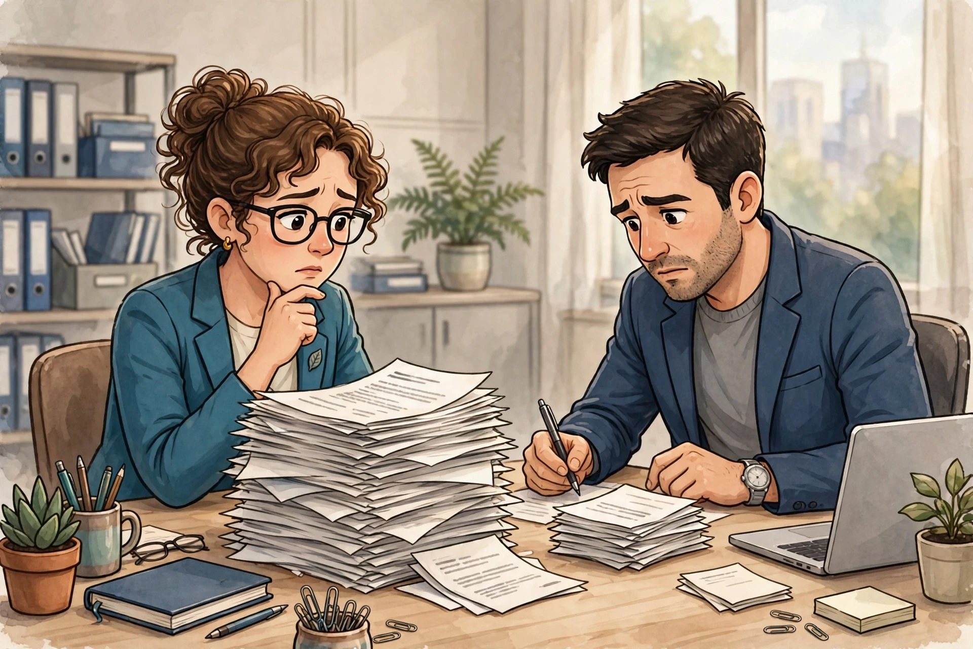 Two recruitment consultants compare uneven CV piles