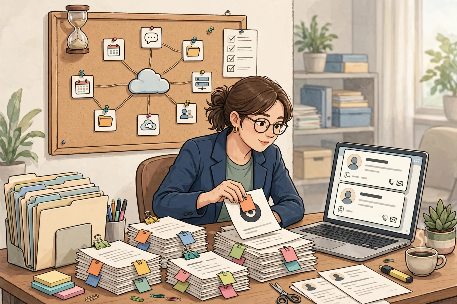 Consultant sorting tagged records beside duplicate contact laptop