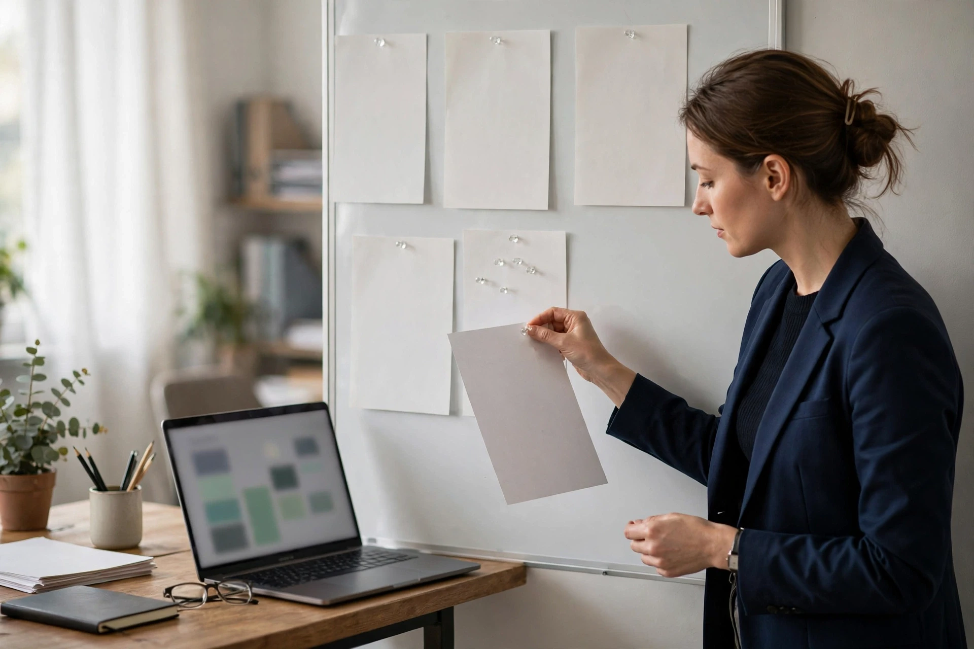 Consultant maps printed accounts beside laptop