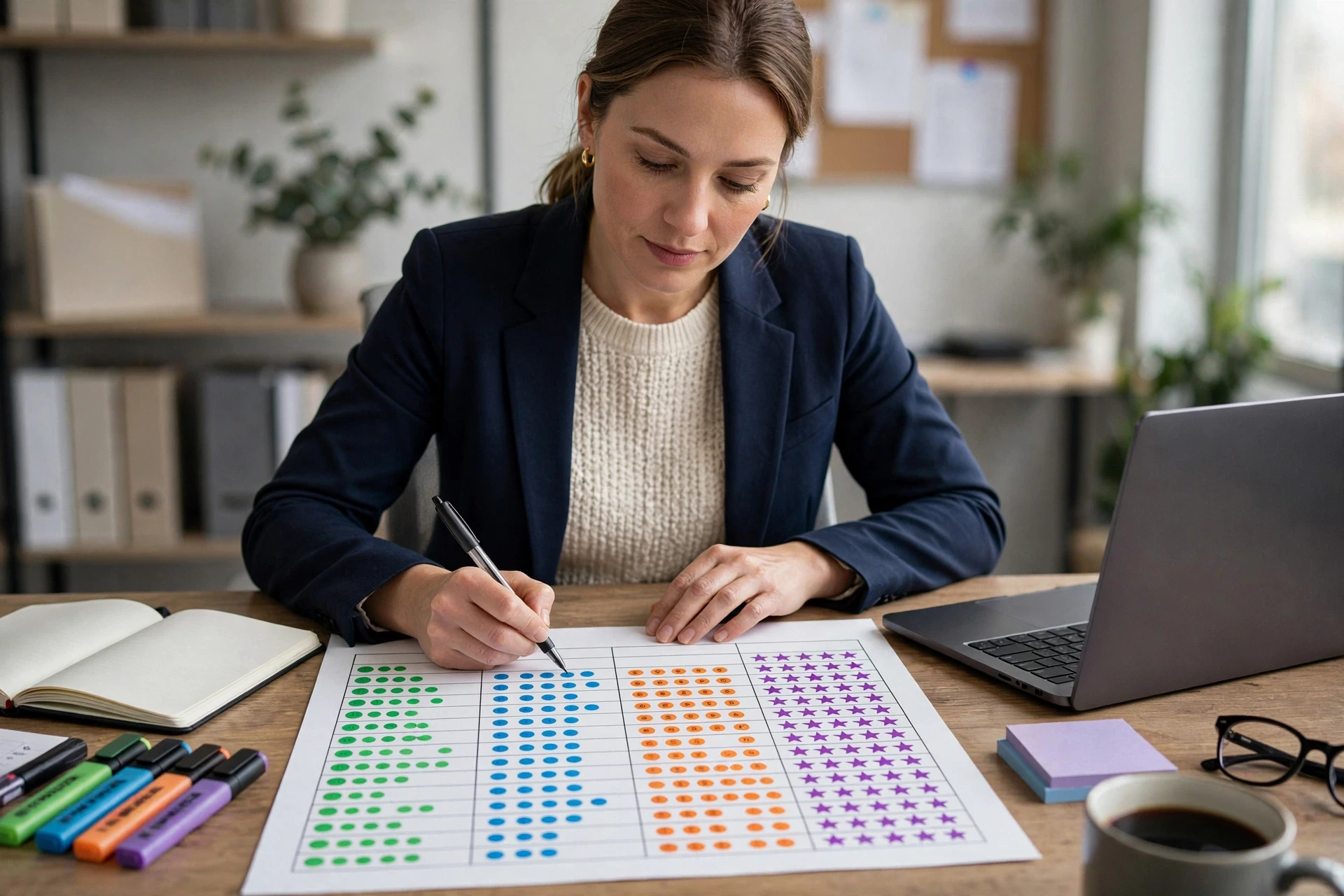 Recruitment lead reviewing target company scoring sheet