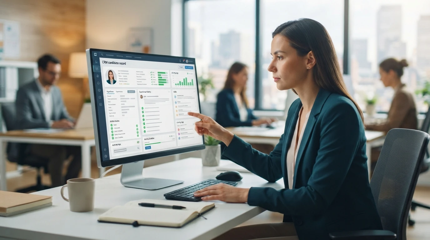 Recruitment consultant reviewing a structured CRM record on screen