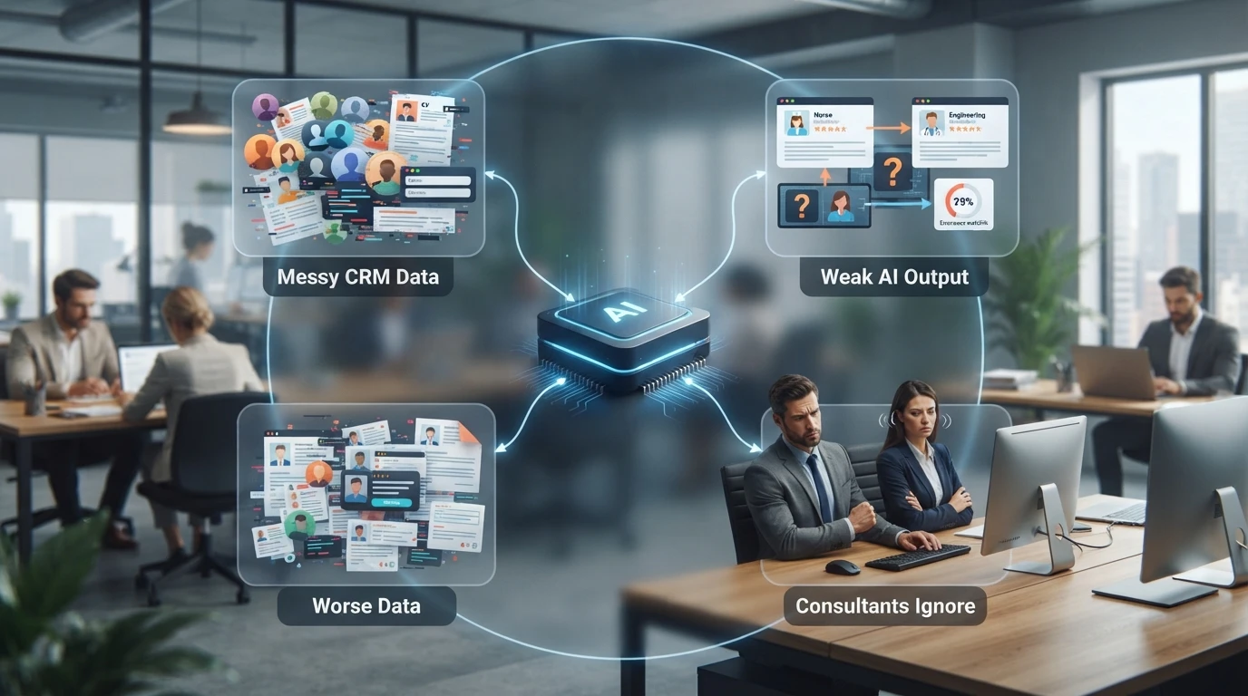 Circular flowchart showing messy CRM data feeding AI output on office desk